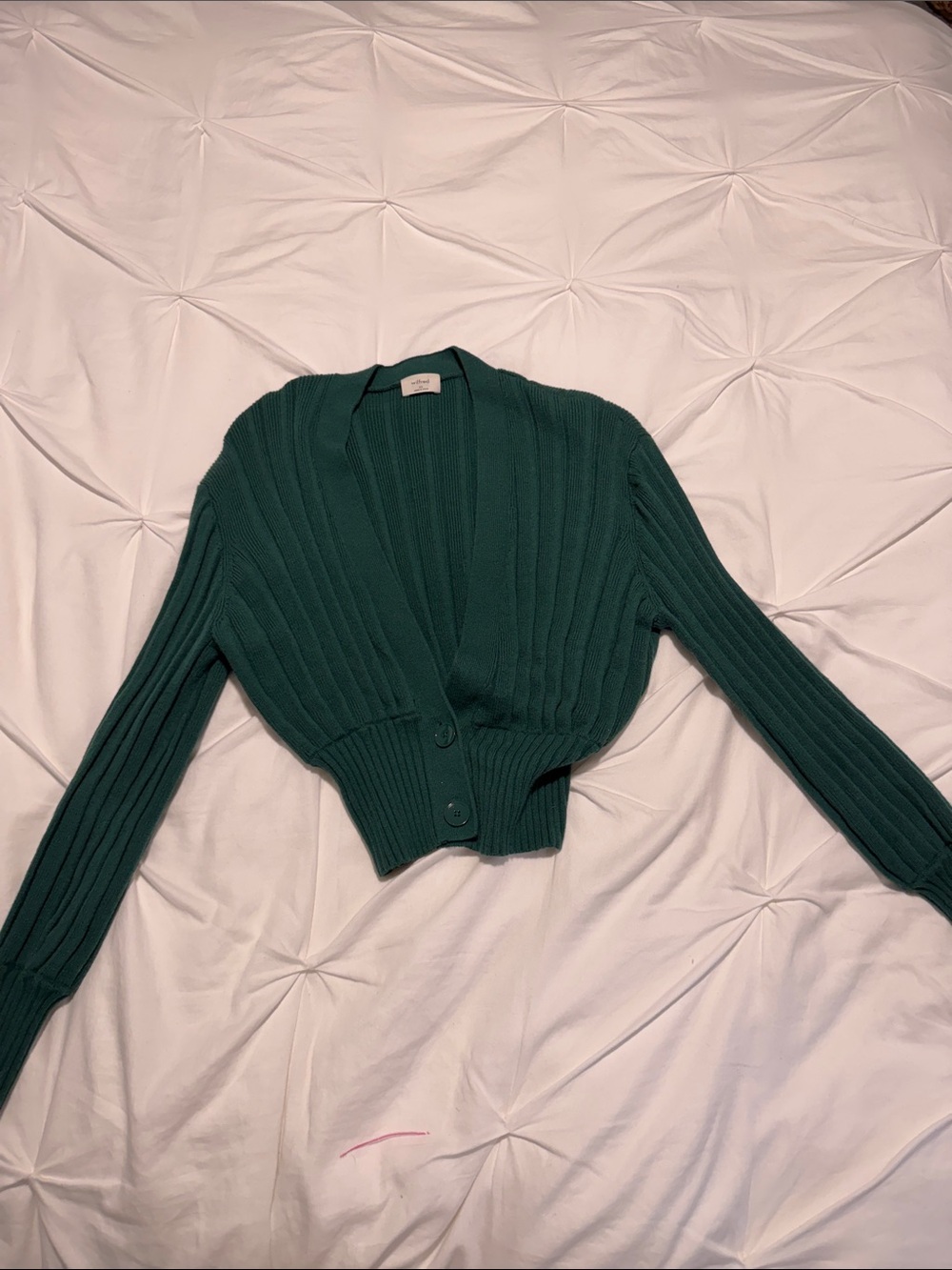 Wilfred Teal Ribbed Cropped Button Cardigan
